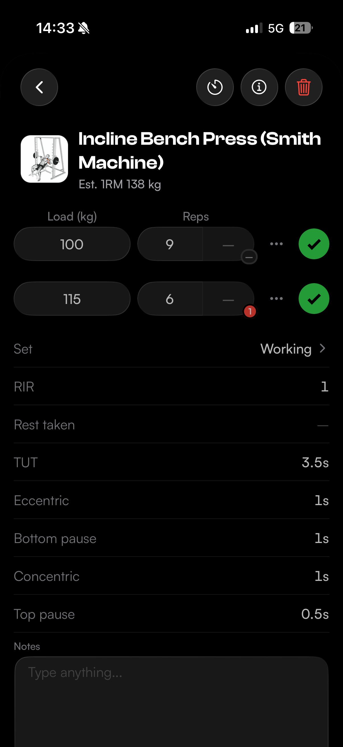 BUILTR exercise logger — load, RIR, TUT